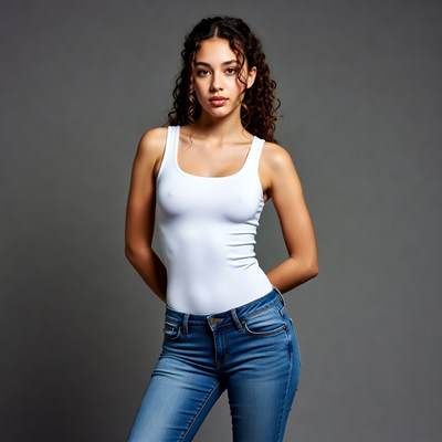 Curly-haired woman in white tank top