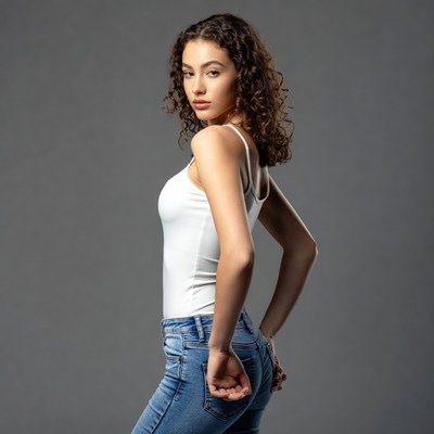 Curly-haired woman in white tank jeans