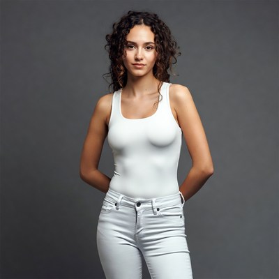 Young woman in white tank top and jeans