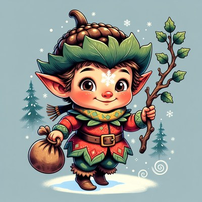 Cute Christmas Elf Holding Holly Branch