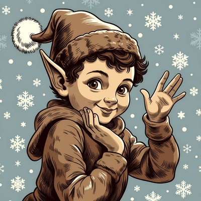 Cartoon Elf Waving in Snow