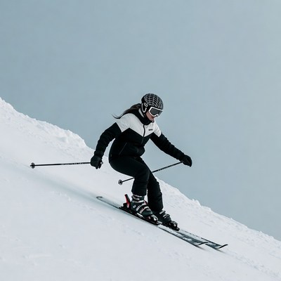 Woman skiing down snowy slope