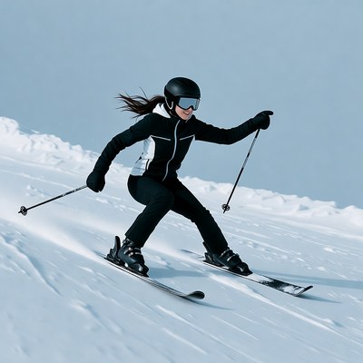 Woman skiing down snowy slope