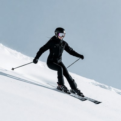 Woman skiing down snowy slope
