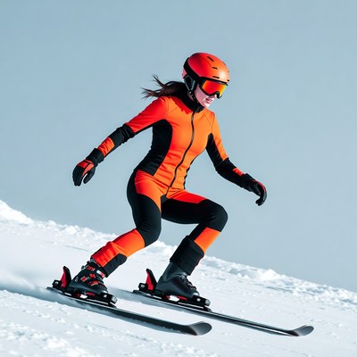 Woman skiing down snowy slope
