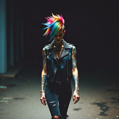 Woman with rainbow mohawk in leather jacket