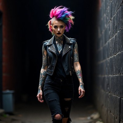 Woman with pink mohawk in alley