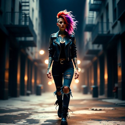 Woman with pink mohawk in urban alley