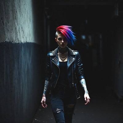 Woman with pink blue mohawk in dark alley
