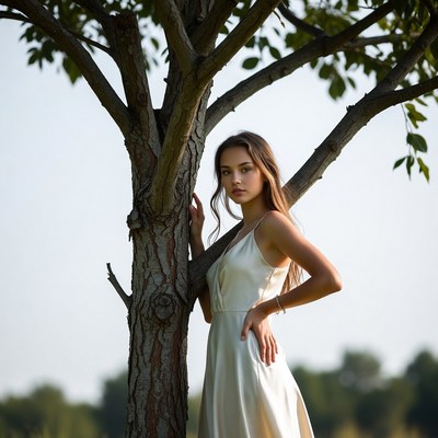 Young woman leaning against tree