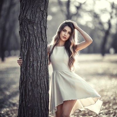 Woman leaning against tree in forest