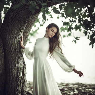 Woman in white dress leaning on tree