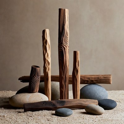 Wooden Sculptures with Stones