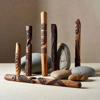 Carved Wooden Totem Poles with Stones