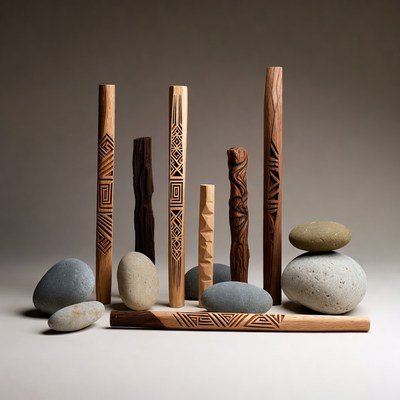Carved Wooden Sticks and Stones