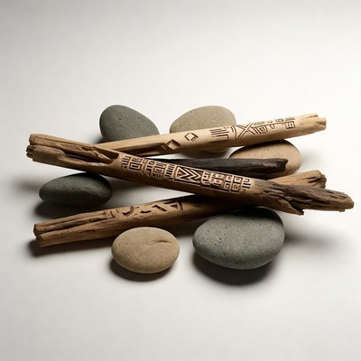 Driftwood Sticks with Carved Symbols and Pebbles