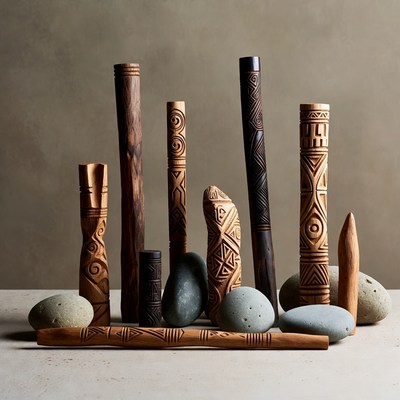 Carved Wooden Sticks and Stones