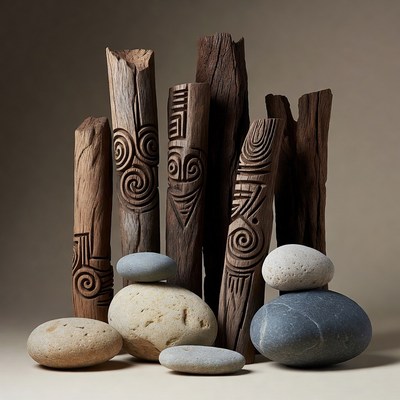 Carved Wooden Poles and Stones