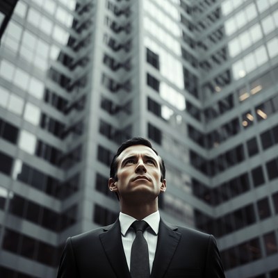 Man in suit looking up at skyscrapers