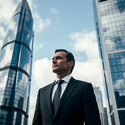 Businessman standing in front of skyscrapers