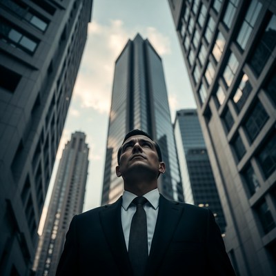Man in suit looking up at skyscrapers