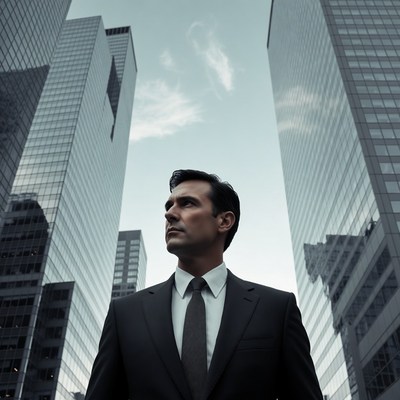 Man in suit standing among skyscrapers