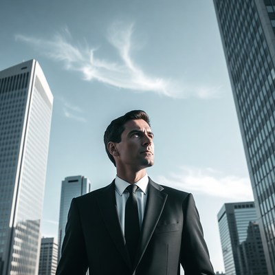 Man in suit looking up at skyscrapers