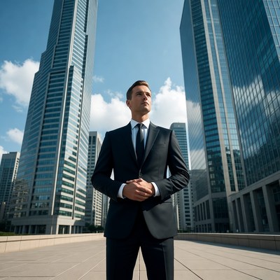Businessman standing confidently among skyscrapers