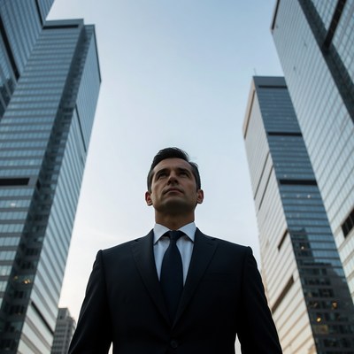 Businessman looking up at skyscrapers
