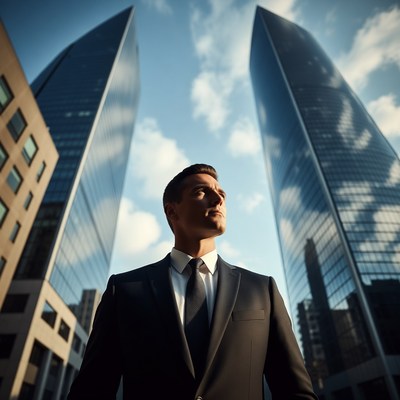 Businessman looking up at skyscrapers