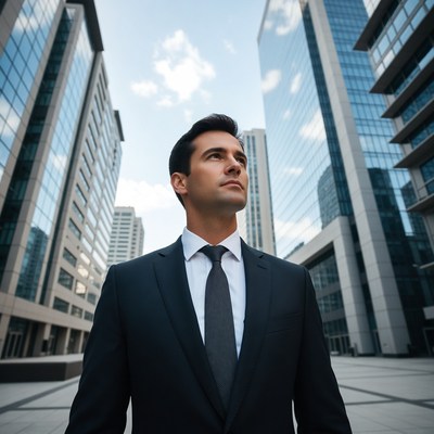 Businessman looking up in city