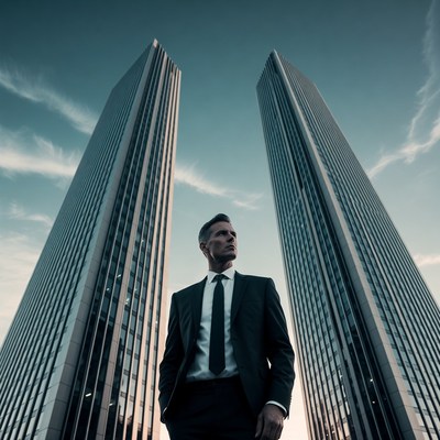 Man in suit between skyscrapers