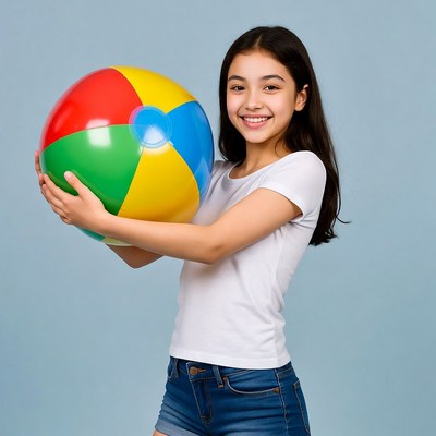 Asian girl holding colorful beach ball