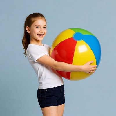 Girl holding colorful beach ball