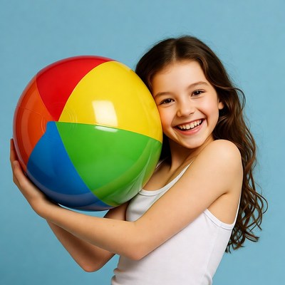 Girl holding colorful beach ball