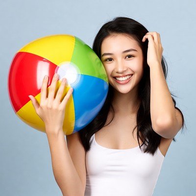 Asian woman holding colorful beach ball