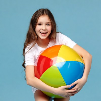 Girl hugging colorful beach ball