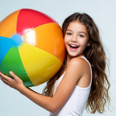 Girl holding colorful beach ball