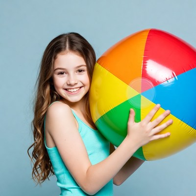 Girl holding large colorful beach ball