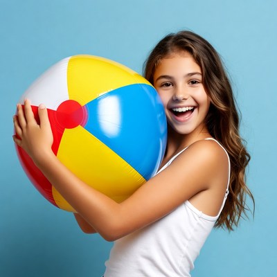 Girl hugging large beach ball
