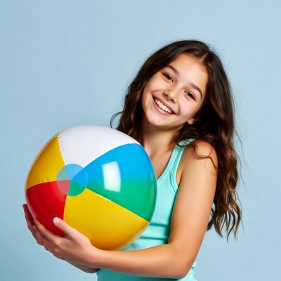 Girl holding colorful beach ball