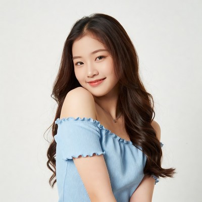 Asian woman in blue off-shoulder top