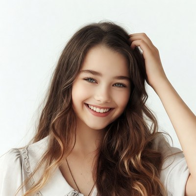 Smiling girl with hand in wavy brown hair