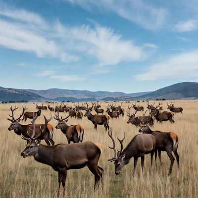 Herd of red deer in grassy field