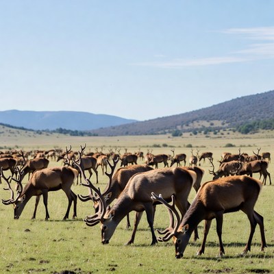 Herd of Red Deer Grazing Grassland