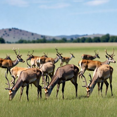 Herd of red deer grazing in field