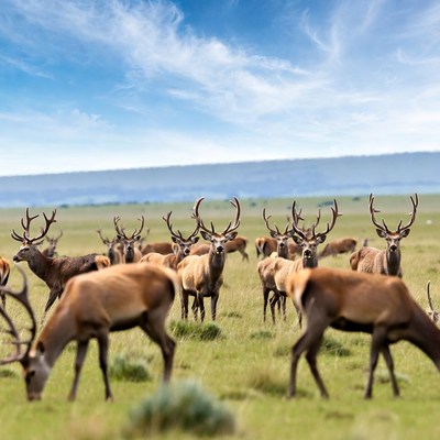 Herd of red deer in grassy field