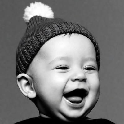 Baby laughing in knit beanie hat