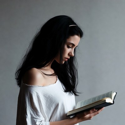 Woman reading book in white off-shoulder top