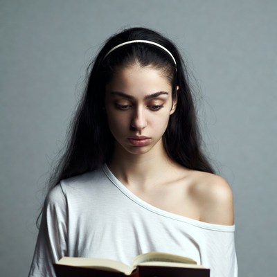 Woman reading book with headband